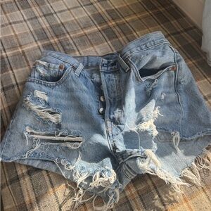 Levi's Blue High-Waisted Jean Shorts with Distressing